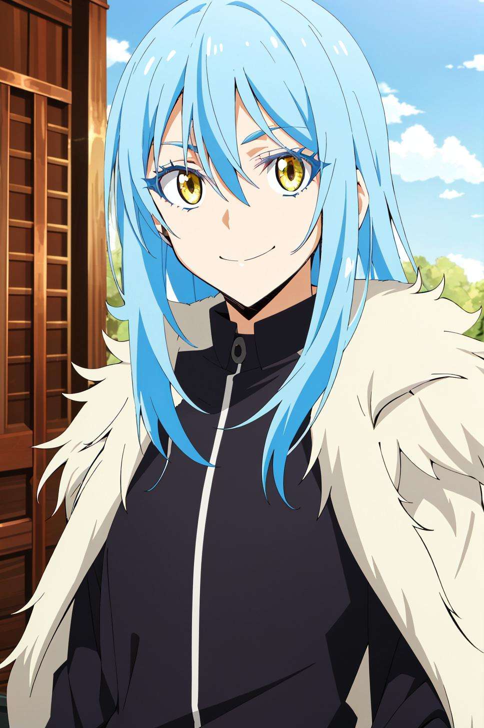 tensura, shirt, yellow eyes, blue hair, smile, long hair, 1other, hair between eyes, looking at viewer, bangs, solo, fur trim, closed mouth, androgynous, outdoors, colored eyelashes, shiny hair, ((masterpiece))  <lora:tensura_offset:1>