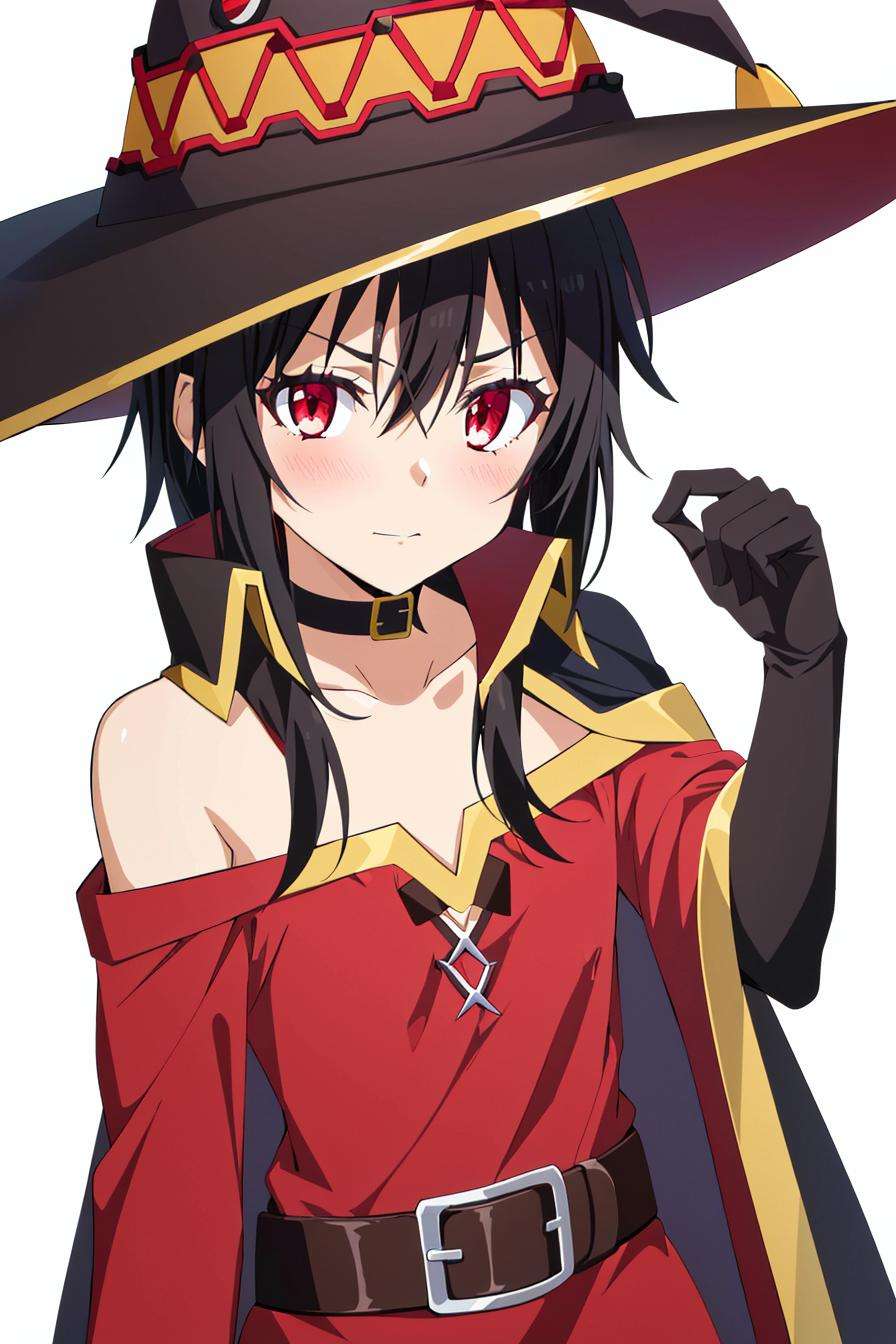 tensura, megumin, 1girl, bare shoulders, black cape, black gloves, black hair, blush, cape, choker, collarbone, dress, hair between eyes, hat, long sleeves, looking at viewer, medium hair, off-shoulder dress, off shoulder, red dress, red eyes, sidelocks, solo, witch hat, ((masterpiece))  <lora:tensura_offset:1>