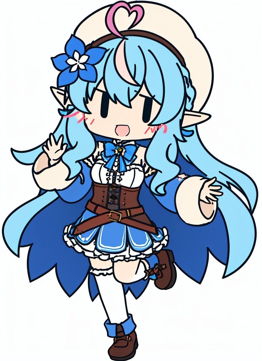 aka shiba, | | , 1girl, :d, ahoge, belt, blue bow, blue hair, blue skirt, bow, bowtie, brown belt, chibi, colored tips, corset, elf, flat color, flower, frilled skirt, frills, full body, hair flower, hair ornament, heart, heart ahoge, long hair, multicolored hair, pointy ears, skirt, sleeves past wrists, smile, solo, standing, standing on one leg, streaked hair, transparent background, virtual youtuber, waving, <lora:aka_shiba_offset:1>