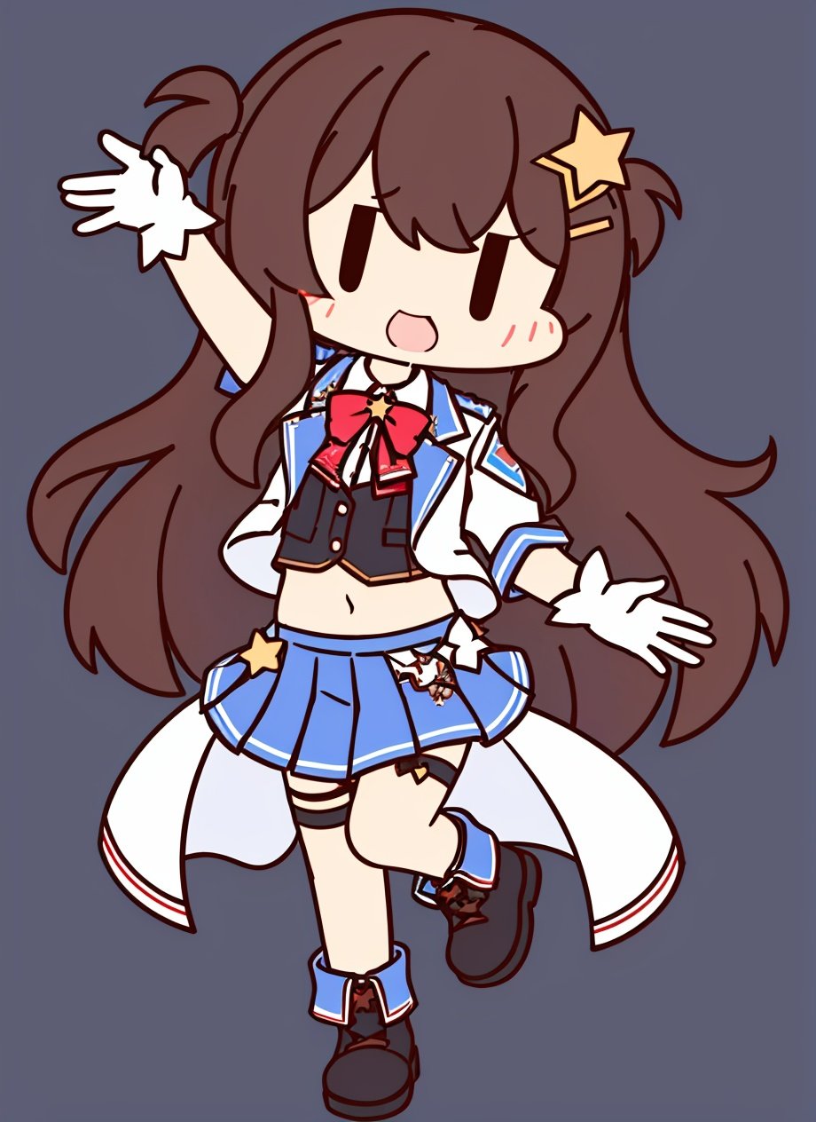 aka shiba, | | , 1girl, blue skirt, brown hair, chibi, flat color, full body, gloves, hair ornament, jacket, long hair, midriff, navel, pleated skirt, ribbon, skirt, solo, standing, standing on one leg, star (symbol), star hair ornament, transparent background, virtual youtuber, white gloves, white jacket, <lora:aka_shiba_offset:1>