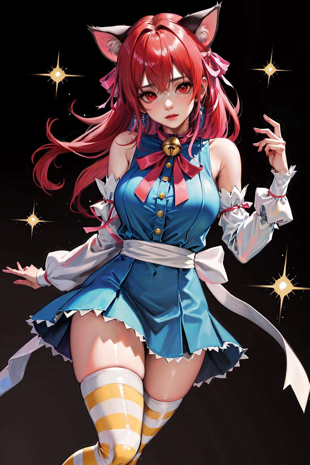 absurdres, best quality, 1girl, solo, <lyco:GoodHands-beta2:0.7>, red eyes, red hair, long hair, large breasts,  <lora:ahCat:1>, ahCat, blue theme, cat ears, blue dress, sleeveless dress, pink ribbon, large ribbon, striped thighhighs, detached sleeves, collar, jingle bell