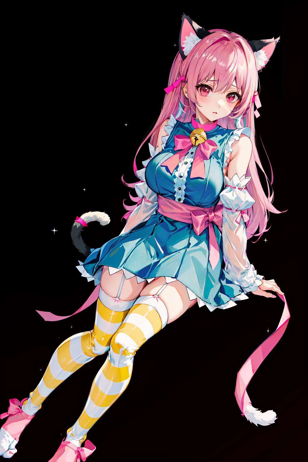 absurdres, best quality, 1girl, solo, <lyco:GoodHands-beta2:0.7>, black eyes, pink hair, long hair, large breasts,  <lora:ahCat:1>, ahCat, blue theme, cat ears, blue dress, sleeveless dress, pink ribbon, large ribbon, striped thighhighs, detached sleeves, collar, jingle bell