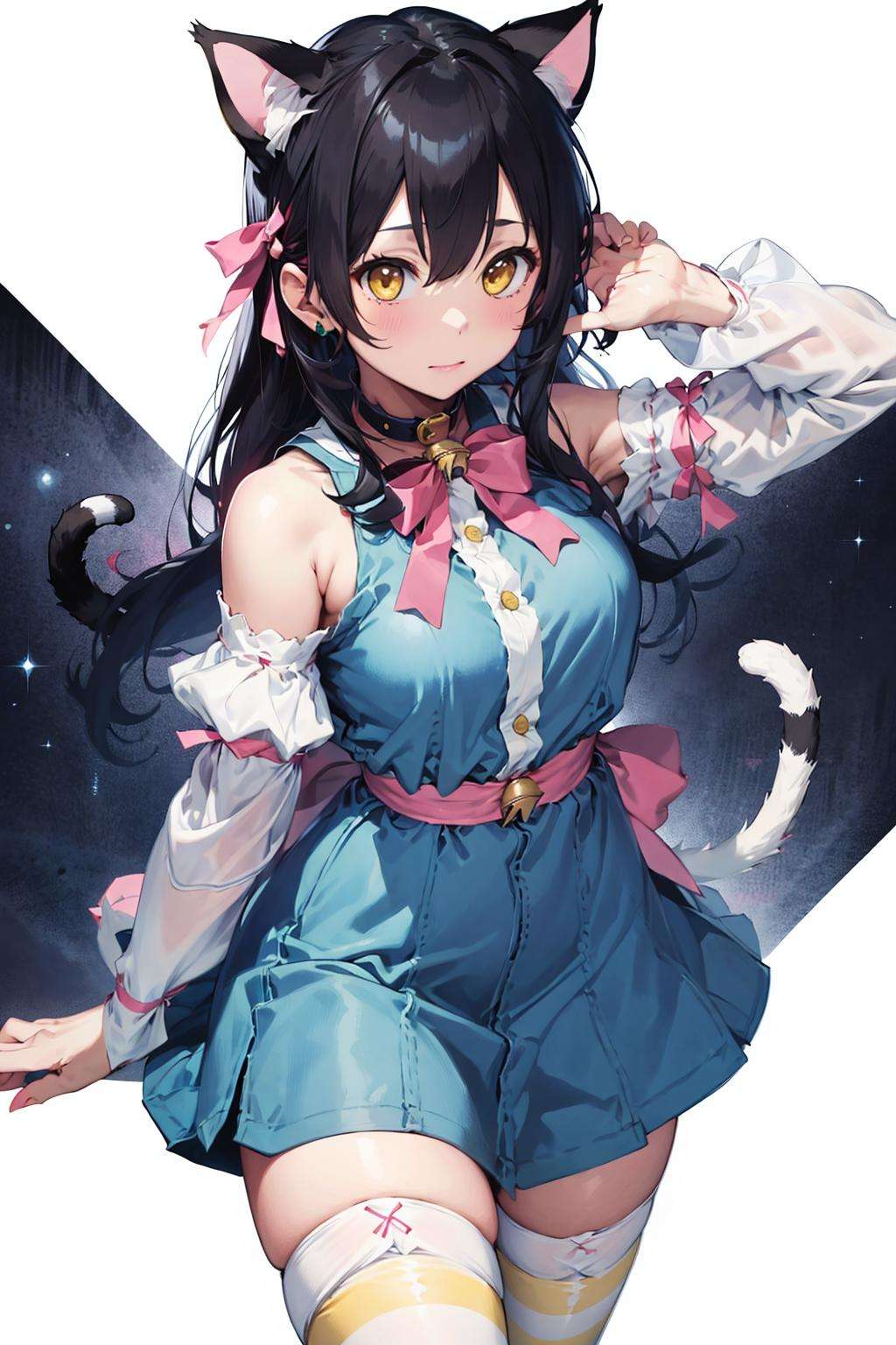 absurdres, best quality, 1girl, solo, <lyco:GoodHands-beta2:0.7>, yellow eyes, black hair, long hair, large breasts,  <lora:ahCat:1>, ahCat, blue theme, cat ears, blue dress, sleeveless dress, pink ribbon, large ribbon, striped thighhighs, detached sleeves, collar, jingle bell