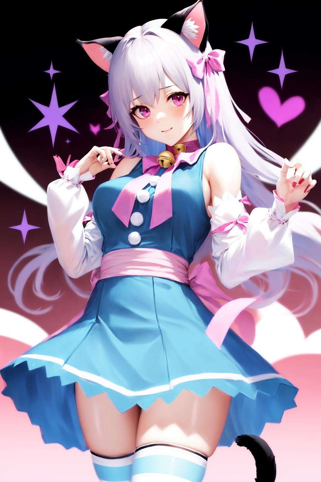 absurdres, best quality, 1girl, solo, <lyco:GoodHands-beta2:0.7>, purple eyes, white hair, long hair, large breasts,  <lora:ahCat:1>, ahCat, blue theme, cat ears, blue dress, sleeveless dress, pink ribbon, large ribbon, striped thighhighs, detached sleeves, collar, jingle bell