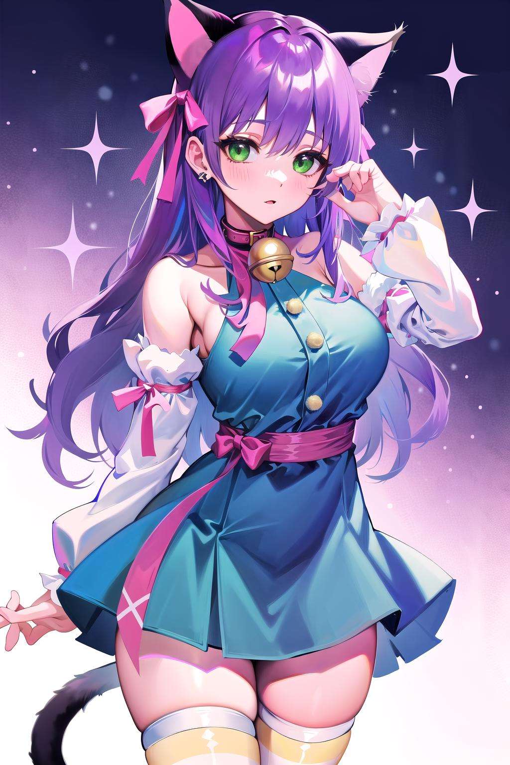 absurdres, best quality, 1girl, solo, <lyco:GoodHands-beta2:0.7>, green eyes, purple hair, long hair, large breasts,  <lora:ahCat:1>, ahCat, blue theme, cat ears, blue dress, sleeveless dress, pink ribbon, large ribbon, striped thighhighs, detached sleeves, collar, jingle bell