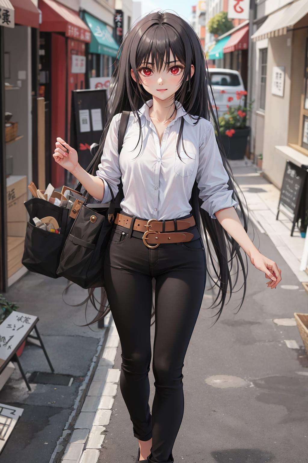 absurdres, best quality, 1girl, solo, <lora:kaoruko-000010:0.7>, nanahara kaoruko, red eyes, wbCasual,white shirt,black pants,belt