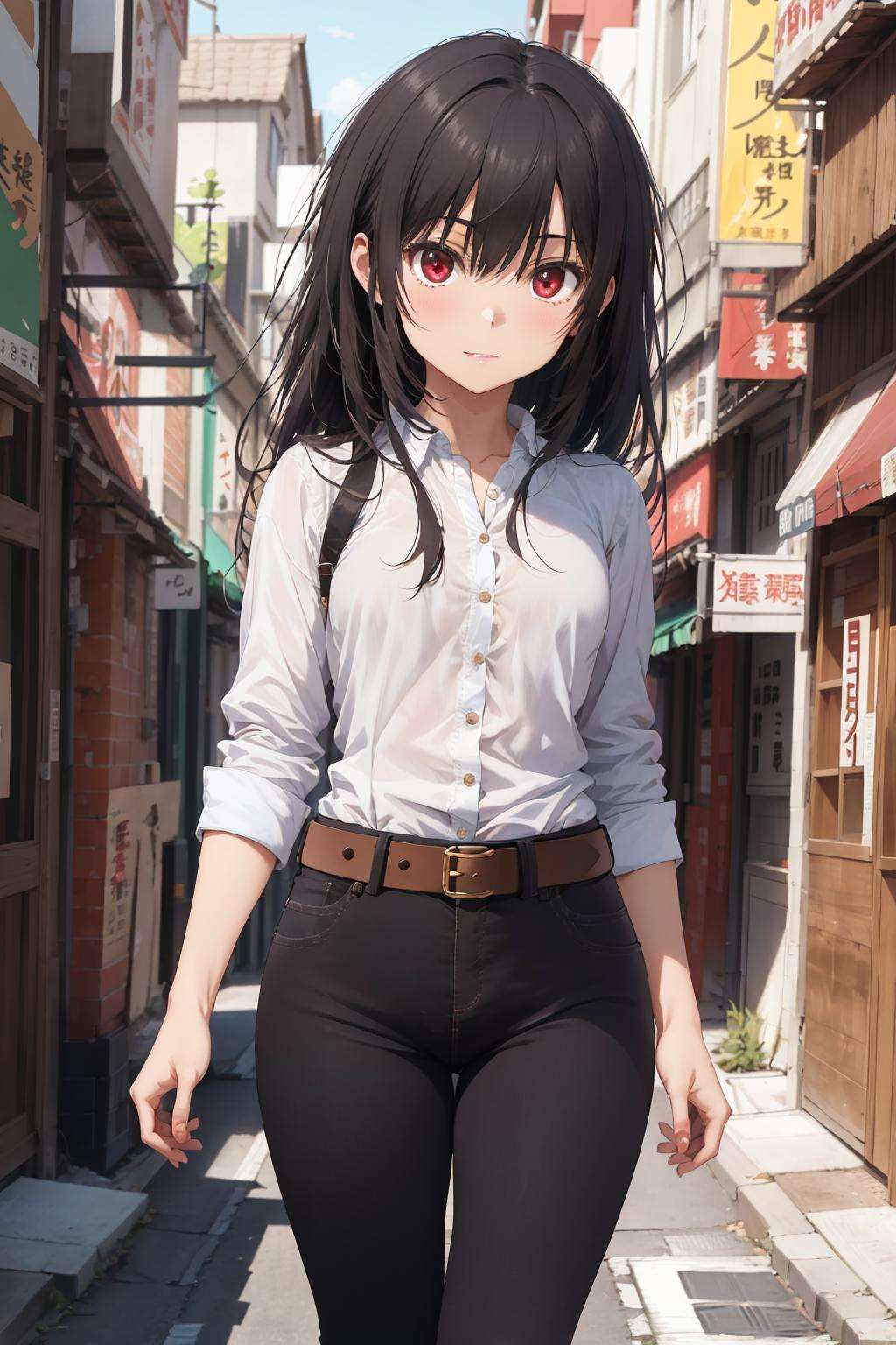 absurdres, best quality, 1girl, solo, <lora:kaoruko-000010:0.7>, nanahara kaoruko, red eyes, wbCasual,white shirt,black pants,belt