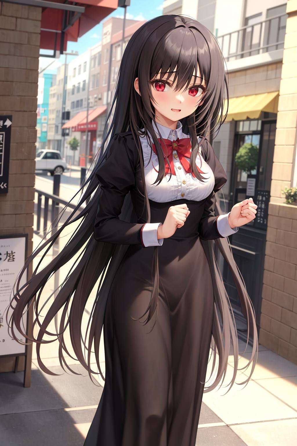 absurdres, best quality, 1girl, solo, <lora:kaoruko-000010:0.7>, nanahara kaoruko, red eyes, rbUniform,black dress,red bow,long dress,long sleeves