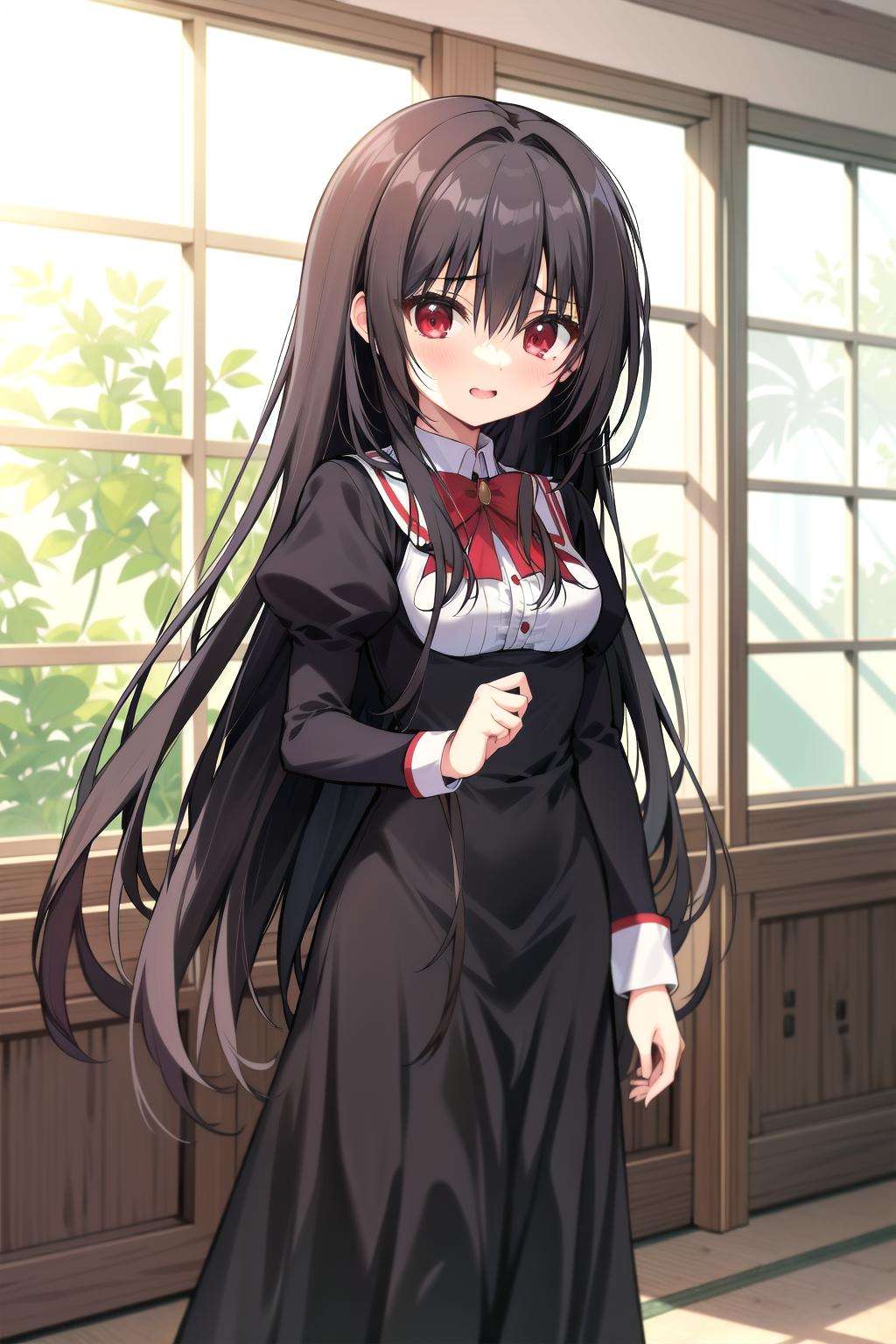 absurdres, best quality, 1girl, solo, <lora:kaoruko-000010:0.7>, nanahara kaoruko, red eyes, rbUniform,black dress,red bow,long dress,long sleeves