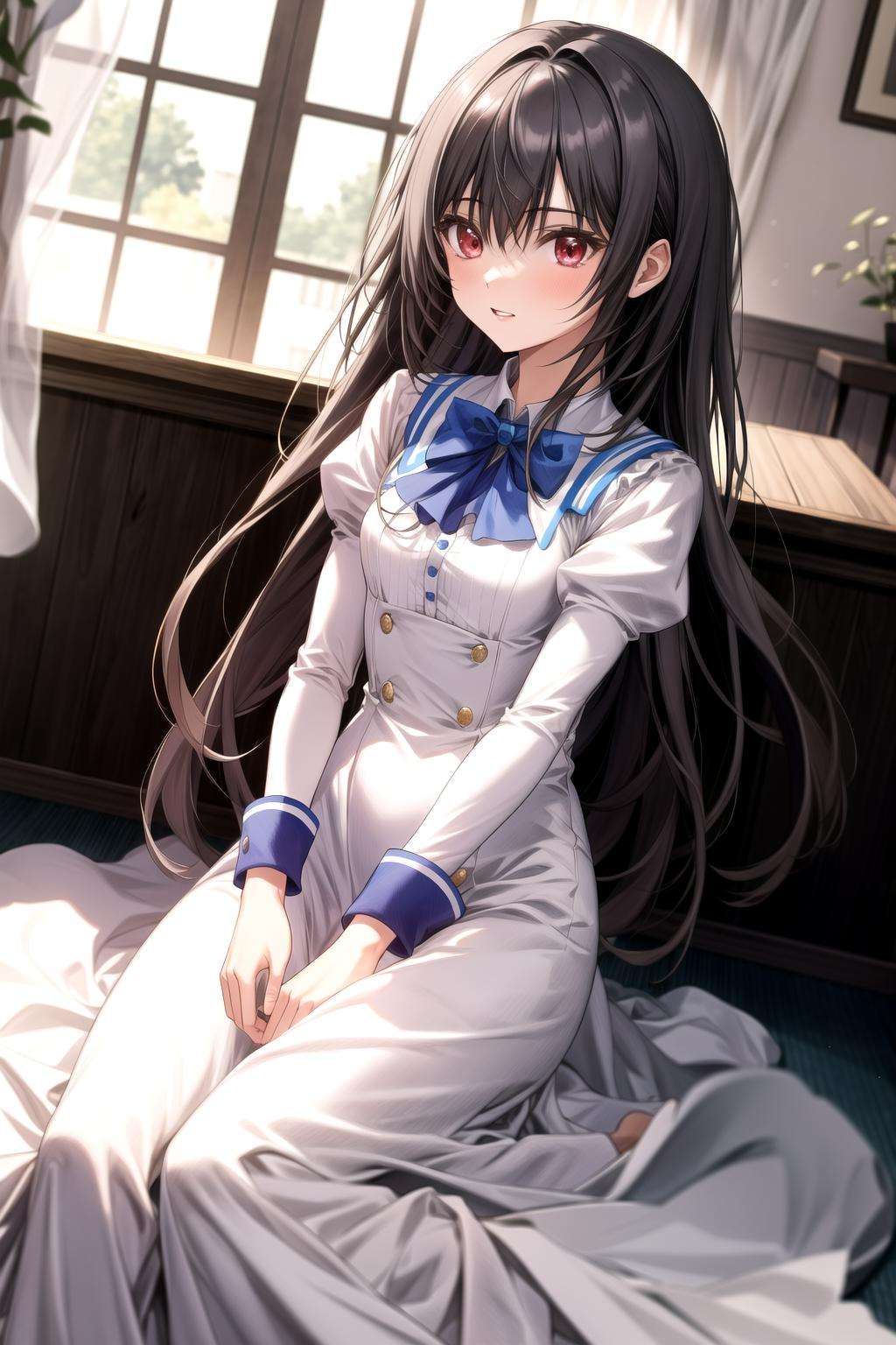 absurdres, best quality, 1girl, solo, <lora:kaoruko-000010:0.7>, nanahara kaoruko, red eyes, bwUniform,white dress,blue bow,long dress,long sleeves