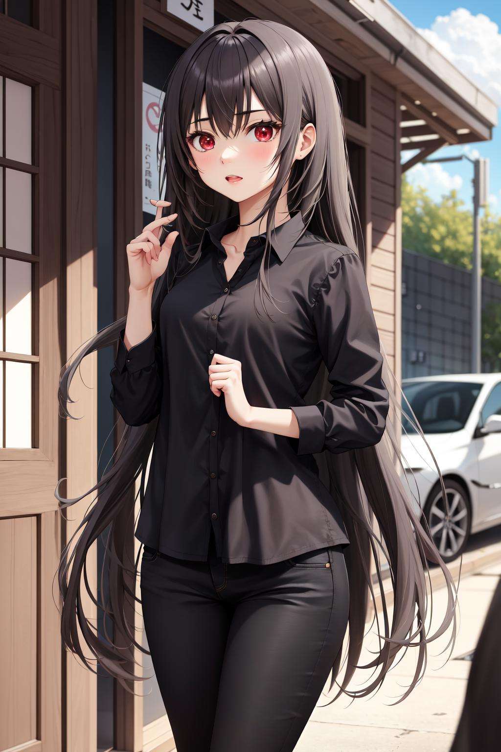 absurdres, best quality, 1girl, solo, <lora:kaoruko-000010:0.7>, nanahara kaoruko, red eyes, bbCasual,black shirt,black pants