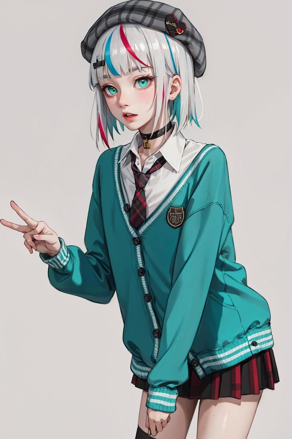 best quality, masterpiece, 1girl, solo,  <lora:waccaLily-000100:0.9>, red gradient streaked hair, short hair, white hair, lily (wacca), black beret, plaid skirt, choker, cyan sweater jacket, collared shirt, black plaid necktie, sleeves past fingers, blunt bangs