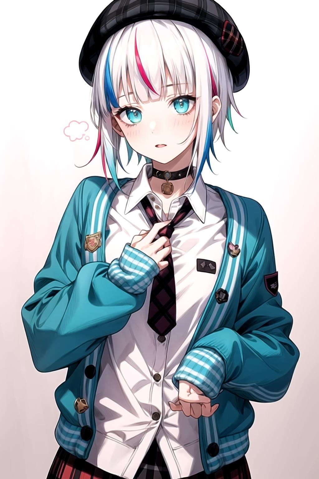 best quality, masterpiece, 1girl, solo,  <lora:waccaLily-000100:0.9>, red gradient streaked hair, short hair, white hair, lily (wacca), black beret, plaid skirt, choker, cyan sweater jacket, collared shirt, black plaid necktie, sleeves past fingers, blunt bangs