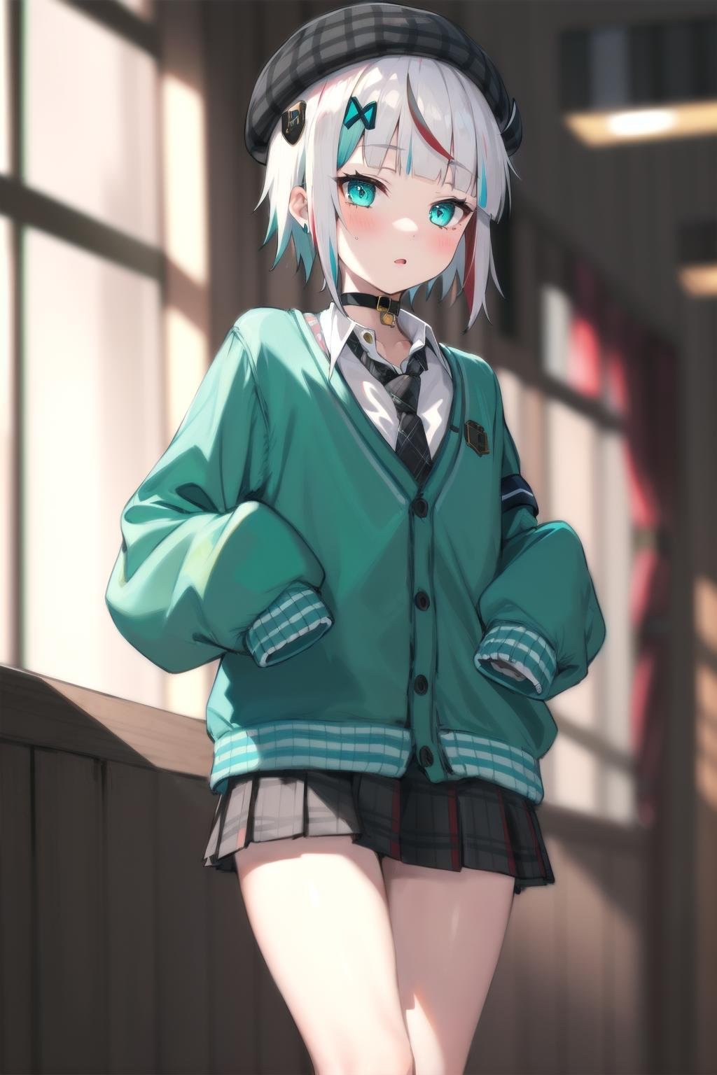 best quality, masterpiece, 1girl, solo,  <lora:waccaLily-000100:0.9>, red gradient streaked hair, short hair, white hair, lily (wacca), black beret, plaid skirt, choker, cyan sweater jacket, collared shirt, black plaid necktie, sleeves past fingers, blunt bangs