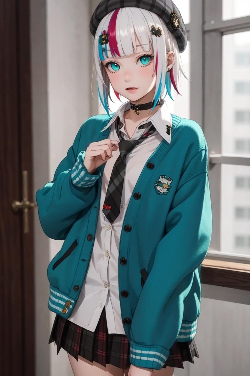 best quality, masterpiece, 1girl, solo,  <lora:waccaLily-000100:0.9>, red gradient streaked hair, short hair, white hair, lily (wacca), black beret, plaid skirt, choker, cyan sweater jacket, collared shirt, black plaid necktie, sleeves past fingers, blunt bangs