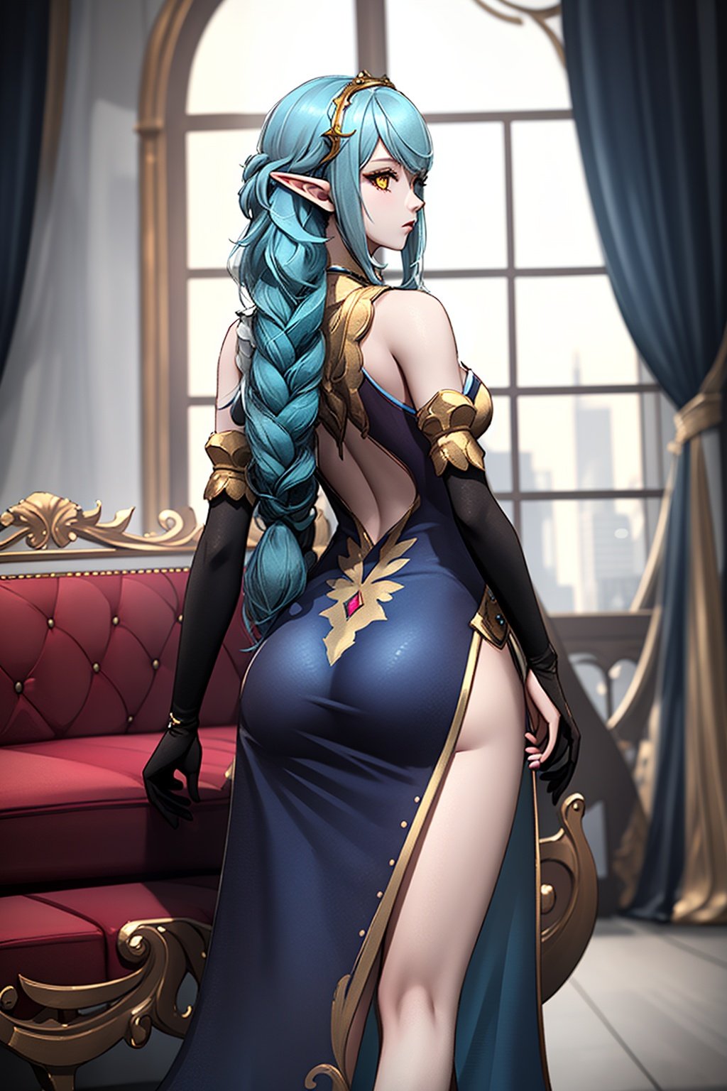 1girl,long hair,yellow eyes,blue hair,tighhighs,indoors,gao,blue room,blue couch,elf body shape,(((best quality,masterpeice))),from behind,（depth of field:1.3）