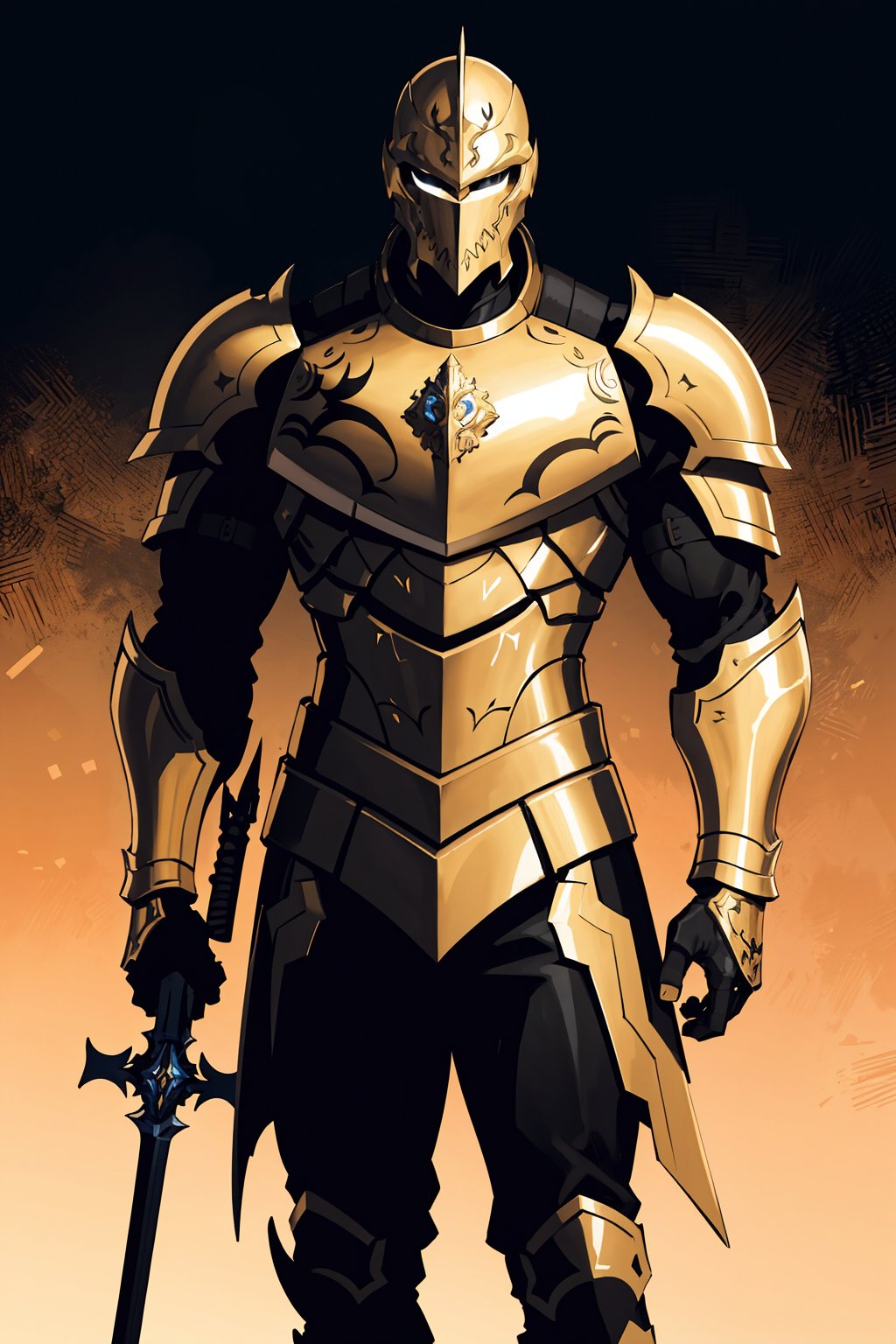 masterpiece, best quality, 8k, artstation, wallpaper, official art, splash art, sharp focus, an armored male paladin. black armor, gold accents. intricate, elegant, (solo)