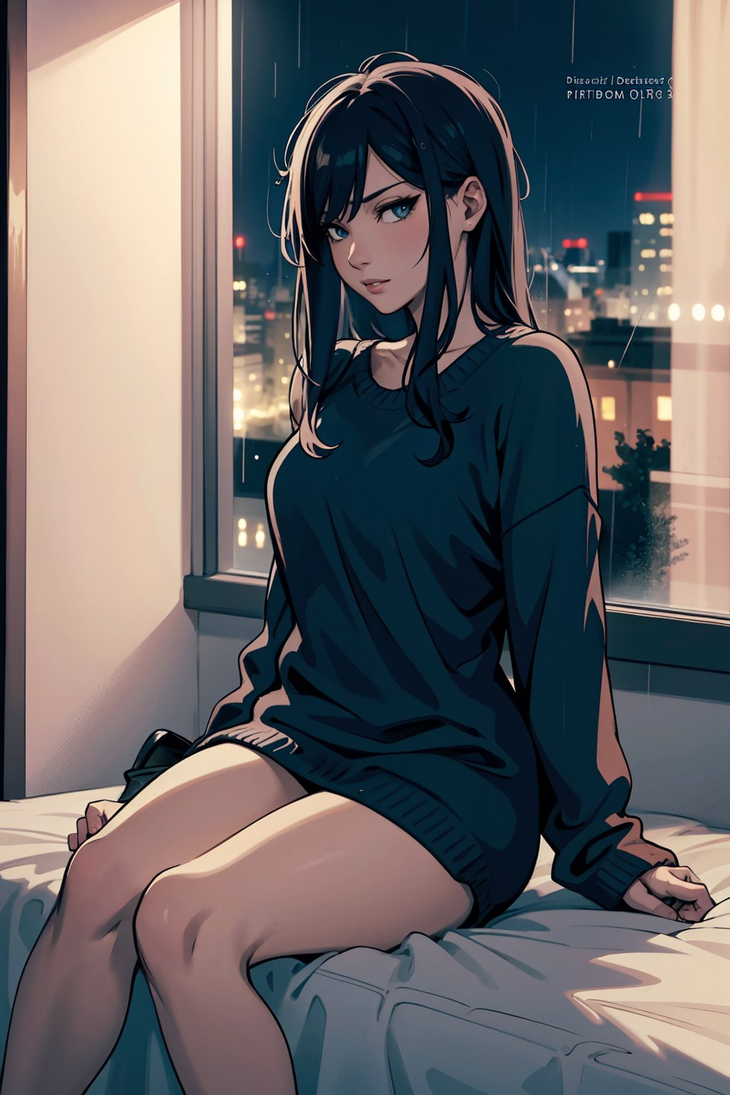 masterpiece, best quality, 8k, artstation, wallpaper, official art, splash art, sharp focus, beautiful woman, wearing comfy clothes. sitting by window, looking out window, at night. rainy night. ((in cozy bedroom)), (solo)