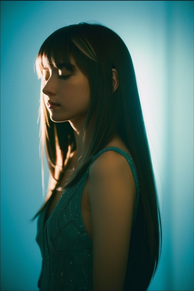 cinematic film still 1girl,closed eyes,light blue,Straight hair,long hair,light cream,upper body,light simple background,looking at viewer,blunt bangs,, . shallow depth of field, vignette, highly detailed, high budget, bokeh, cinemascope, moody, epic, gorgeous, film grain, grainy