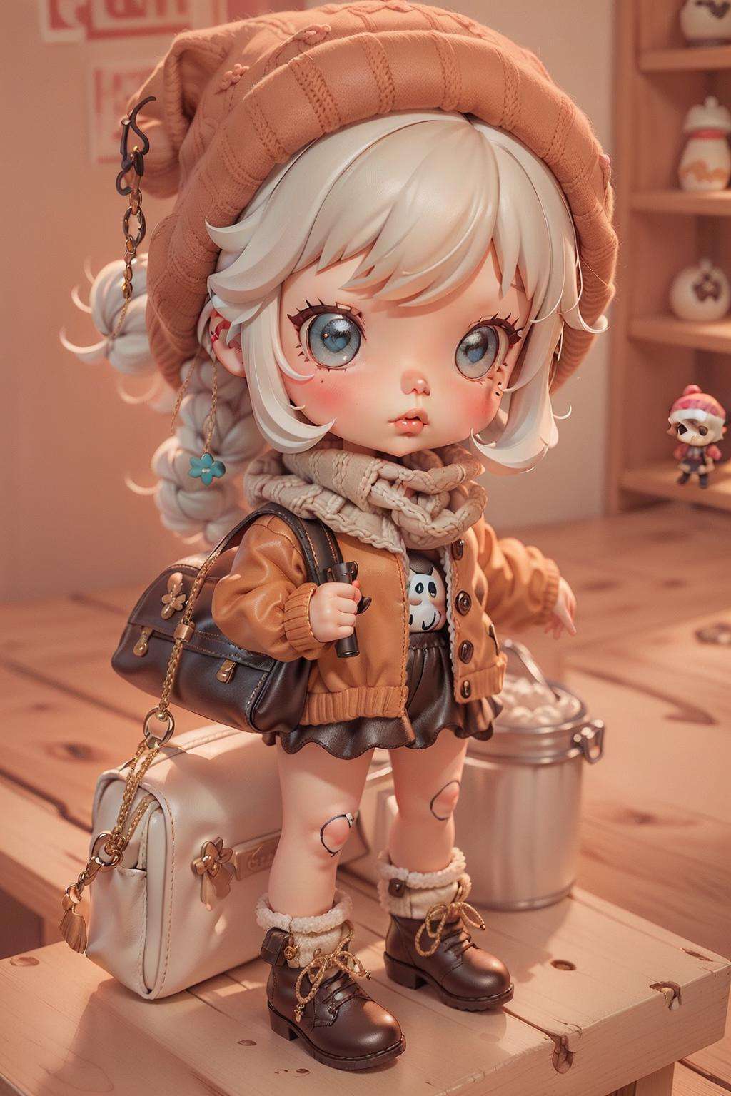 best quality, masterpiece,1girl,portrait of chibi mollytoy toy girl,3dmm,blindbox,cute,White hair,dutch braid hair,Leather leggings, oversized sweater, ankle boots, crossbody bag, beanie hat,<lora:ARWMollytoy:0.9>,<lora:blindbox_V1Mix:0.5:NF>,<lora:OC:0.3:char>