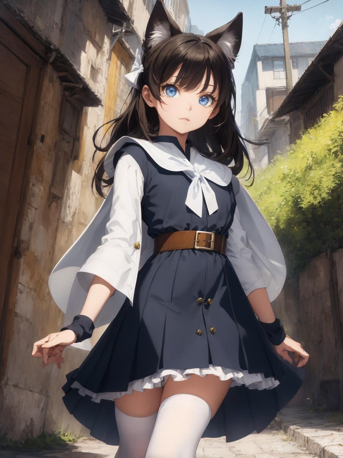 absurdres, highres, ultra detailed,  (1girls:1.4), BREAKA girl with iridescent eyes and brown hair styled dynamically. Her eyes are beautiful and detailed, her lips glossy. She has medium breasts and wolf ears (emphasis:1.2).BREAKShe wears a white cloak, gloves, sash, belt, shoes, and a white blouse with a sailor collar. She also wears knee-high socks and loafers, with a red ribbon. She has a button and badge on her navy blue pleated skirt.BREAKHer pose is at a dramatic angle with active motion (emphasis:1.2).