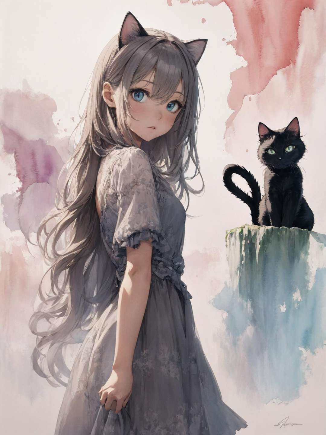 absurdres, highres, ultra detailed, (girl:1.3), (cat ear:1.3), black catBREAK, watercolor style, soft blending, dreamy washes, delicate textures,