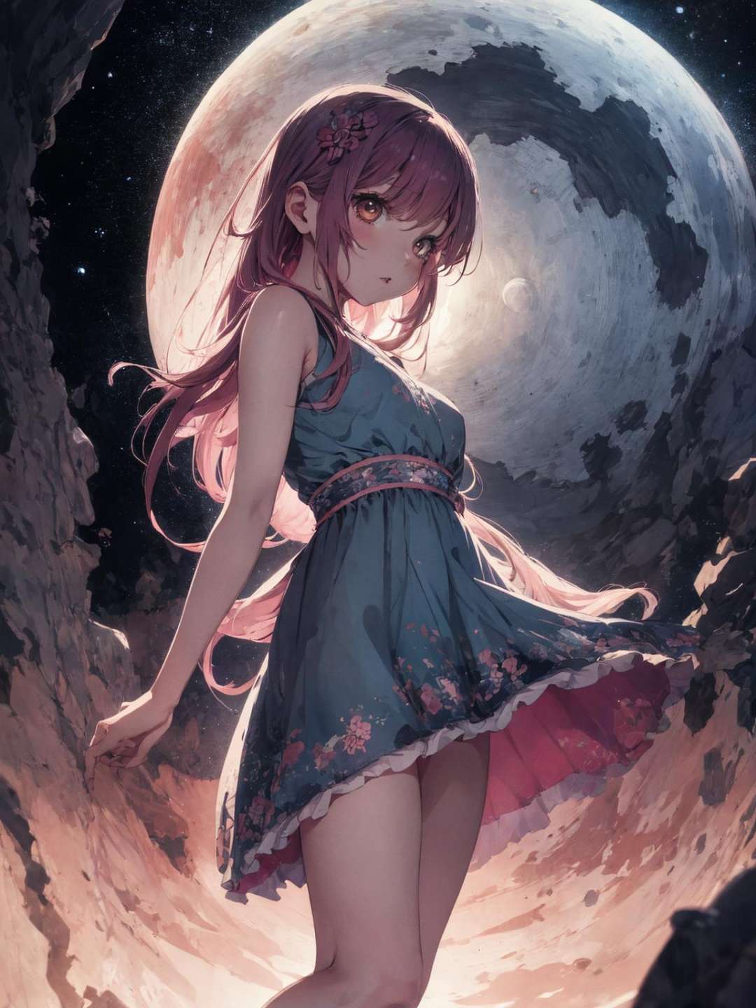 absurdres, highres, ultra detailed, (1girl:1.3),BREAkmajestic, Crude Strawberry, simple background, Bathed in shadows, soft focus, Graphic novel, 60s Art, Moonlight