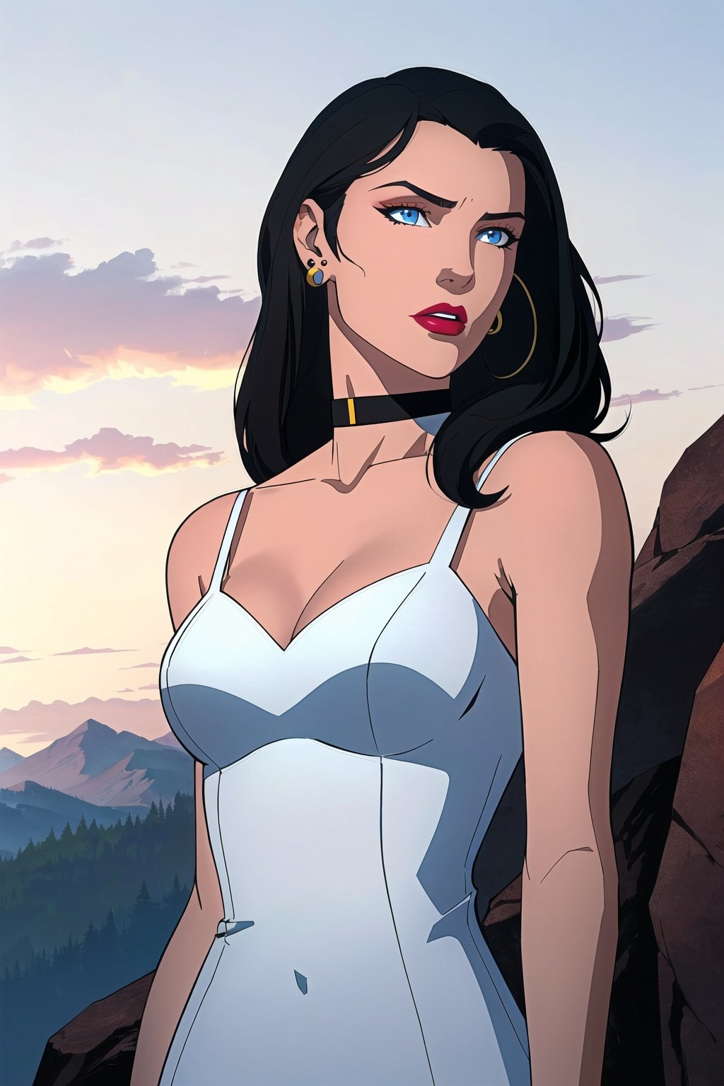 jim lee, 1girl, solo, long hair, black hair, choker, breasts, earrings, blue eyes, jewelry, lipstick, makeup, dark, bare shoulders, mountain, night, upper body, dress, large breasts,  ((masterpiece))