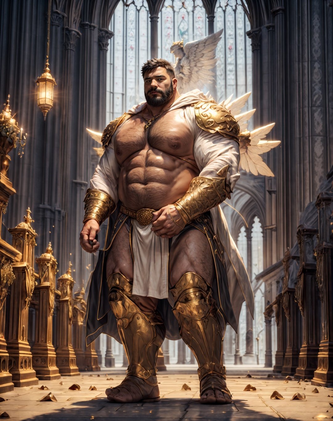 Best quality, masterpiece, ultra high res, detailed background, game_cg,muscular male, mature male, bara stocky, thick arms, thick thigh,(bara:1.1), 35 years old,(very short black hair:1.1),from above,full body, (full shot:1.0), wide shot,hairy,male focus,mature,,male only,bushy bread,nice hands, perfect hands,nice feet,perfect feet,(masterpiece,best quality:1.3),beautiful detailed glow,best illuminate,(((best quality,textile shading,ultra detailed))),extremely detailed CG unity 8k wallpaper,Highly Detailed beautiful and aesthetic,best light,high resolution,detailed,dynamic lighting,super detailed skin,intricate details, hyper detail,outdoors, thick arms, thick thighs,solemn expression,<lyco:NiJiMale_V1:0.3> <lora:Baralora:0.3> <lora:dsharp3:0.4> <lyco:GoodHands-beta2:1> <lora:more_details:0.8> <lora:IvoryGoldAIv2:0.5>.in church,no clothes,short hair,completely nude,crotch bulging,fantasy,nudeshort hair, A set of royal drapes with IvoryGold bands on arms,royal IvoryGold cloak,(Cathedral glass background:1.2),Colored light shines through the glass on the ground,epic,photorealistic photo of a handsome young male wizard, white wizard shirt with golden trim, white robe moving in the wind,breaken clothed, perfect face, handsome, (perfect composition:1.4), deviantart hd, artstation hd, concept art, detailed face and body, award-winning photography, margins, detailed face, detailed hands, ,backlight, 12k ultrarealistic, ray tracing, intense gaze, looking at the viewer, cinematic lighting, art by Grzegorz Rutkowski, embers, high fantasy background, action pose, misty,(IvoryGold cloak:1.0),big angel wings,holding holy sword,