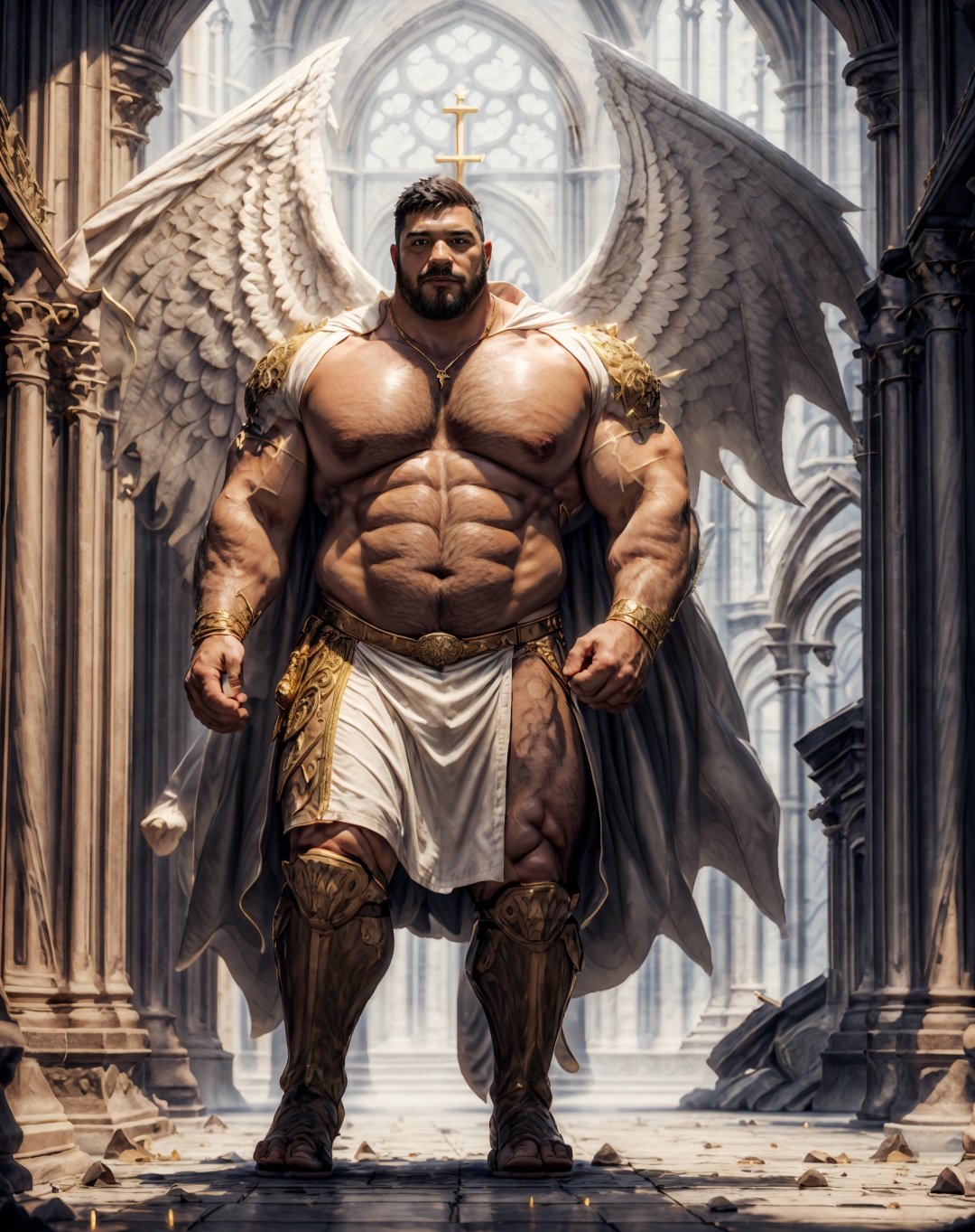 Best quality, masterpiece, ultra high res, detailed background, game_cg,muscular male, mature male, bara stocky, thick arms, thick thigh,(bara:1.1), 35 years old,(very short black hair:1.1),from above,full body, (full shot:1.0), wide shot,hairy,male focus,mature,,male only,bushy bread,nice hands, perfect hands,nice feet,perfect feet,(masterpiece,best quality:1.3),beautiful detailed glow,best illuminate,(((best quality,textile shading,ultra detailed))),extremely detailed CG unity 8k wallpaper,Highly Detailed beautiful and aesthetic,best light,high resolution,detailed,dynamic lighting,super detailed skin,intricate details, hyper detail,outdoors, thick arms, thick thighs,solemn expression,<lyco:NiJiMale_V1:0.3> <lora:Baralora:0.3> <lora:dsharp3:0.4> <lyco:GoodHands-beta2:1> <lora:more_details:0.8> <lora:IvoryGoldAIv2:0.5>.in church,no clothes,short hair,completely nude,crotch bulging,fantasy,nudeshort hair, A set of royal drapes with IvoryGold bands on arms,royal IvoryGold cloak,(Cathedral glass background:1.2),Colored light shines through the glass on the ground,epic,photorealistic photo of a handsome young male wizard, white wizard shirt with golden trim, white robe moving in the wind,breaken clothed, perfect face, handsome, (perfect composition:1.4), deviantart hd, artstation hd, concept art, detailed face and body, award-winning photography, margins, detailed face, detailed hands, ,backlight, 12k ultrarealistic, ray tracing, intense gaze, looking at the viewer, cinematic lighting, art by Grzegorz Rutkowski, embers, high fantasy background, action pose, misty,(IvoryGold cloak:1.0),big angel wings,holding holy sword,