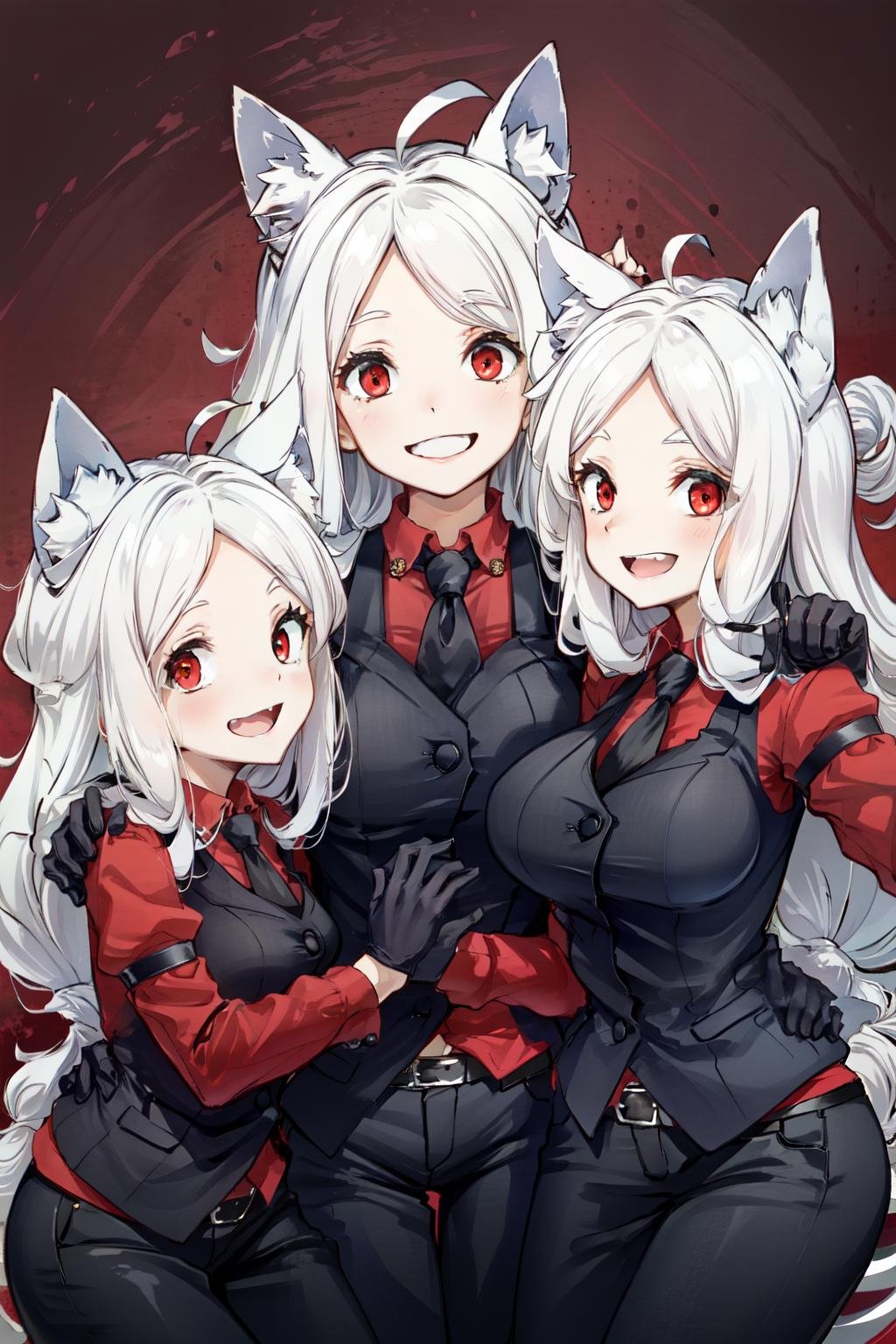 cerberus(helltaker), demon girl, demon tail, waistcoat, pants, white hair, triplets, shirt, large breasts, grin, dog ears, collared shirt, long sleeves, dog girl, black vest, ahoge, red eyes, multiple girls, open mouth, red shirt, looking at viewer, animal ears, long hair, necktie, black necktie, black tail, smile, fang, black gloves, tail, 3girls, black pants, arm garter, gloves, vest<lora:cerberus-08:0.8> 