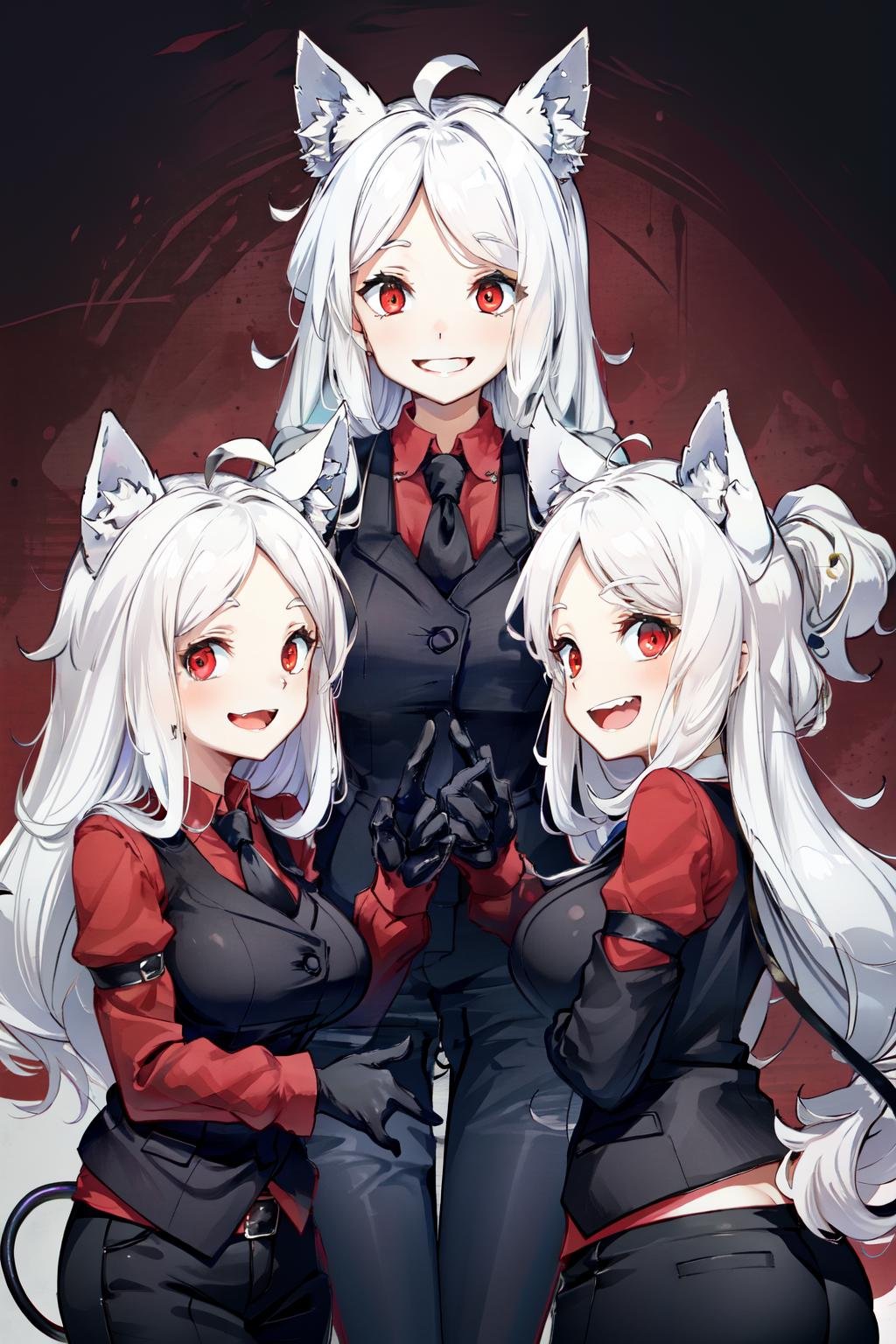 cerberus(helltaker), demon girl, demon tail, waistcoat, pants, white hair, triplets, shirt, large breasts, grin, dog ears, collared shirt, long sleeves, dog girl, black vest, ahoge, red eyes, multiple girls, open mouth, red shirt, looking at viewer, animal ears, long hair, necktie, black necktie, black tail, smile, fang, black gloves, tail, 3girls, black pants, arm garter, gloves, vest<lora:cerberus-08:0.8> 