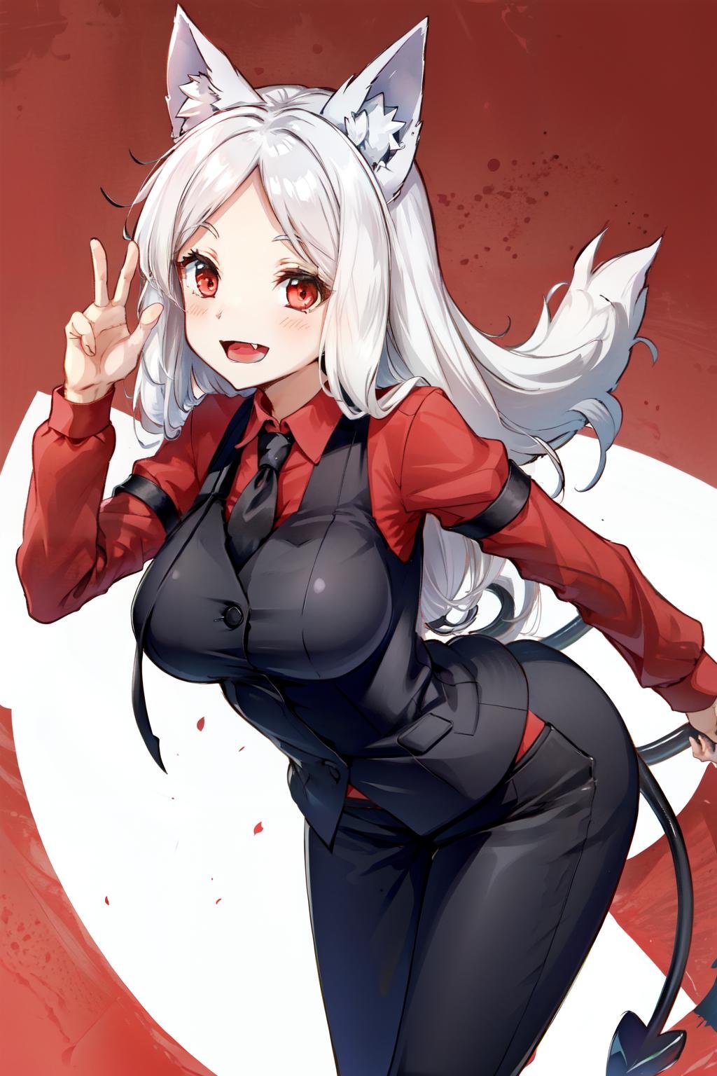 cerberus(helltaker), demon girl, demon tail, waistcoat, pants, white hair, shirt, large breasts, dog ears, collared shirt, long sleeves, red background, black vest, 1girl, :d, red eyes, open mouth, red shirt, animal ear fluff, simple background, looking at viewer, animal ears, long hair, necktie, black necktie, very long hair, blush, solo, smile, fang, tail, leaning forward, black pants, parted bangs, arm garter, vest, low-tied long hair <lora:cerberus-08:0.7> 