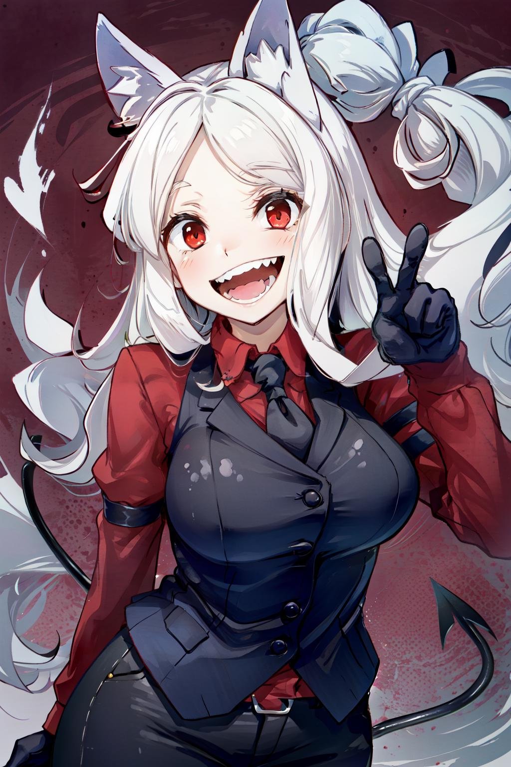 cerberus(helltaker), demon girl, demon tail, sharp teeth, waistcoat, pants, white hair, shirt, large breasts, dog ears, collared shirt, long sleeves, dog girl, red background, black vest, 1girl, red eyes, open mouth, red shirt, teeth, looking at viewer, animal ears, long hair, necktie, formal, solo, smile, black gloves, tail, black pants, arm garter, gloves, vest, low-tied long hair<lora:cerberus-08:0.8> 