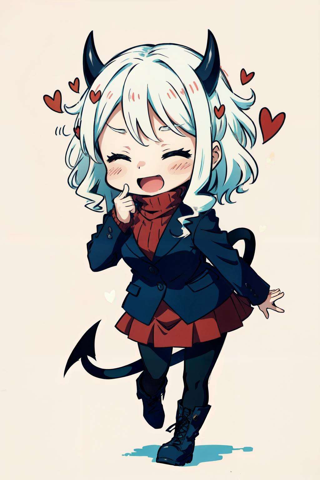 modeus(helltaker), open mouth, simple background, long sleeves, black skirt, solo, sweater, white hair, medium hair, demon tail, smile, chibi, ribbed sweater, :d, skirt, blush, black jacket, 1girl, heart, jacket, demon horns, tail, pantyhose, black tail, horns, blush stickers, closed eyes, red sweater, red background, boots, red pantyhose, demon girl<lora:modeus-10:1>