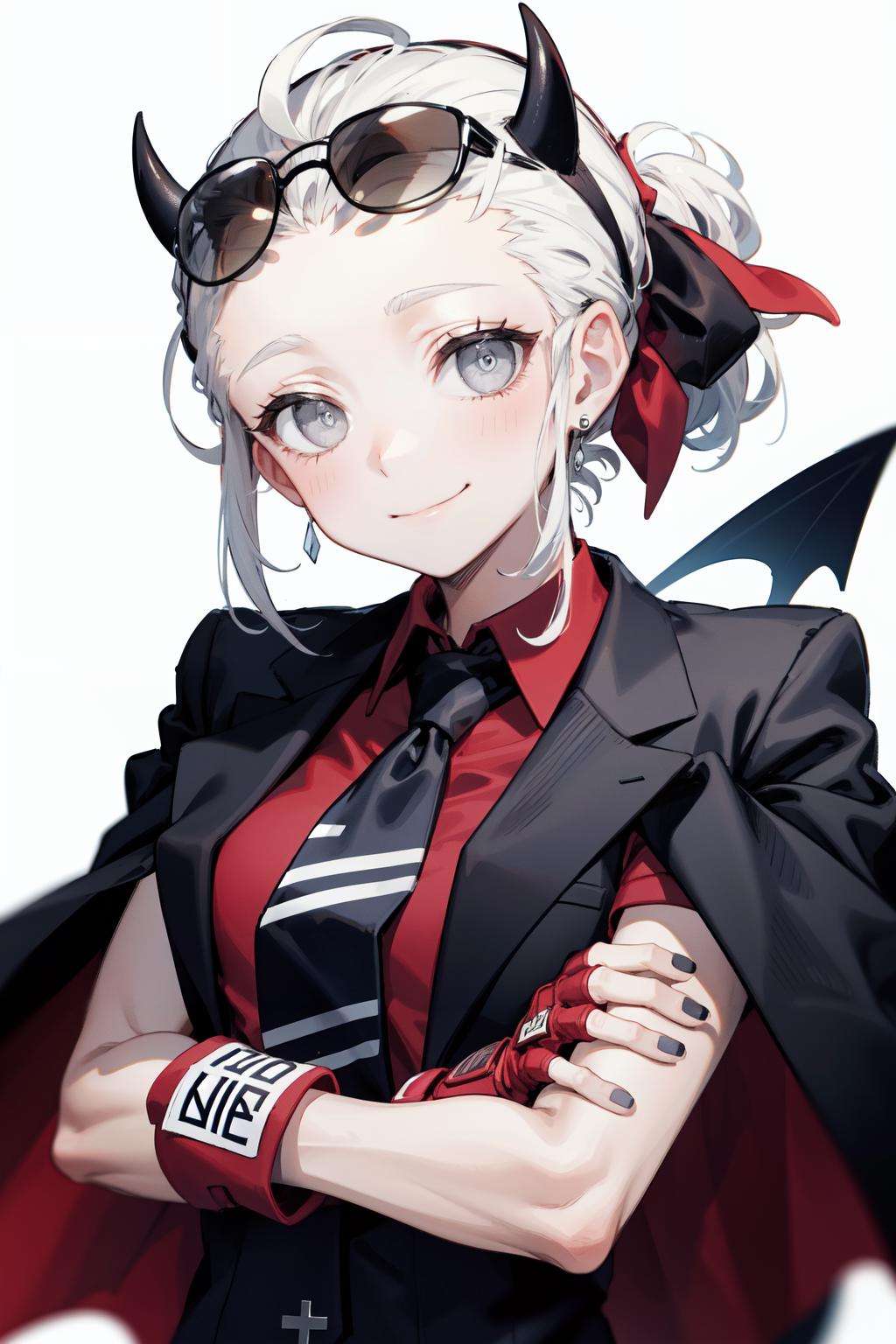 justice(helltaker), black horns, smile, white hair, demon horns, upper body, red shirt, eyewear on head, white background, necktie, tie clip, horns, fingerless gloves, black necktie, shirt, closed mouth, short sleeves, 1girl, grey eyes, black nails, black jacket, solo, demon girl, collared shirt, gloves, jacket, jacket on shoulders, short hair, red gloves , crossed arms, <lora:justice:1> 