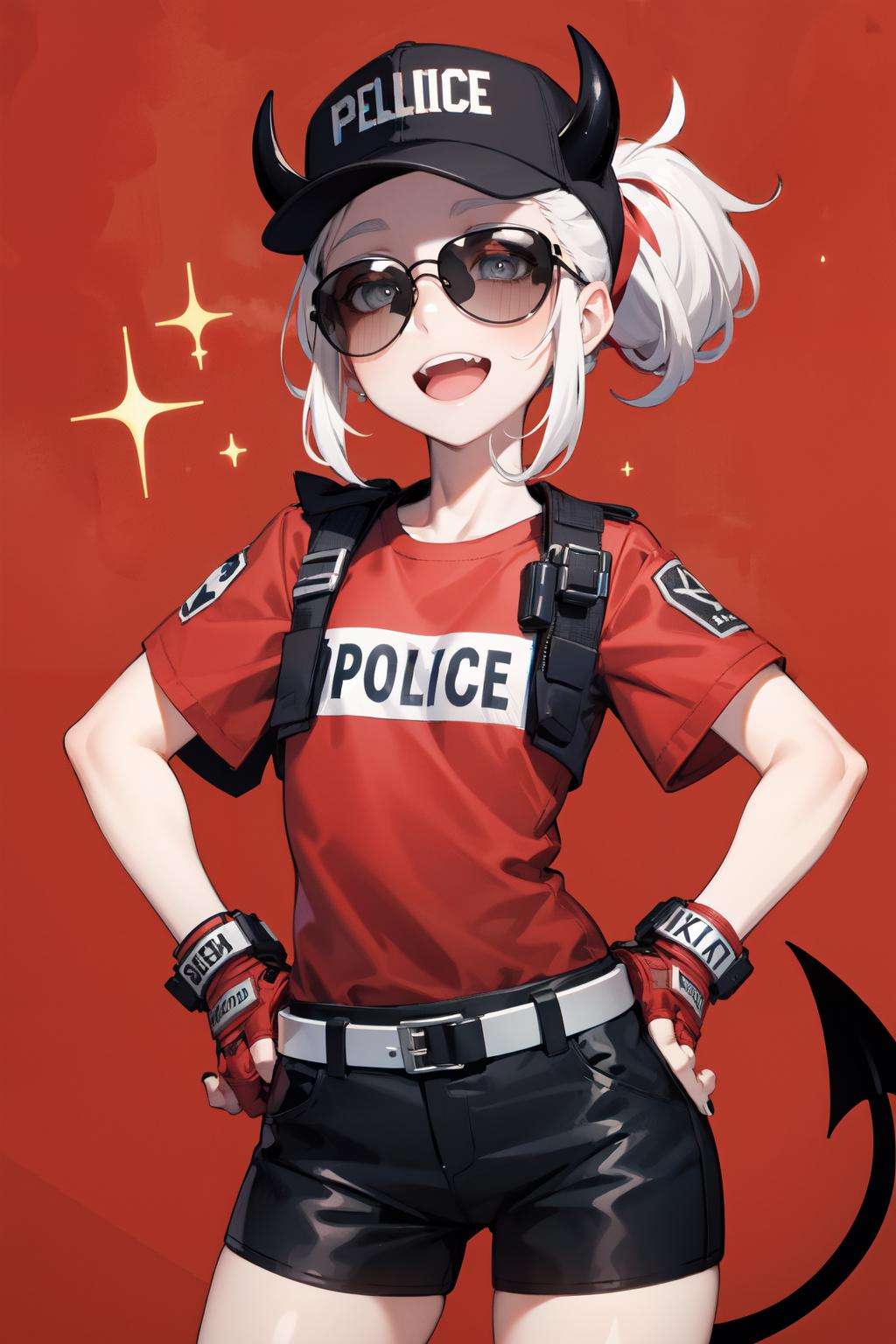 justice(helltaker), black horns, smile, white hair, demon horns, upper body, red shirt, eyewear on head, white background, necktie, tie clip, horns, sunglasses, fingerless gloves, black necktie, shirt, closed mouth, short sleeves, 1girl, grey eyes, black nails, black jacket, solo, demon girl, collared shirt, gloves, jacket, jacket on shoulders, short hair, red gloves<lora:justice:1> 