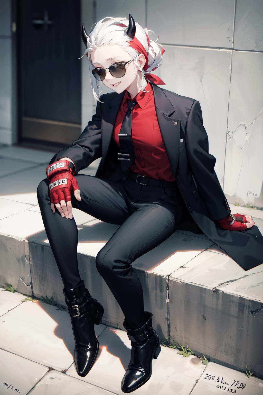 justice(helltaker), black horns, smile, pants, black pants, full body, white hair, suit, demon horns, red shirt, formal, sitting, necktie, horns, sunglasses, fingerless gloves, shirt, boots, black footwear, dated, 1girl, black jacket, solo, demon girl, red bandana, gloves, jacket, short hair, scarf, red gloves<lora:justice:1> 