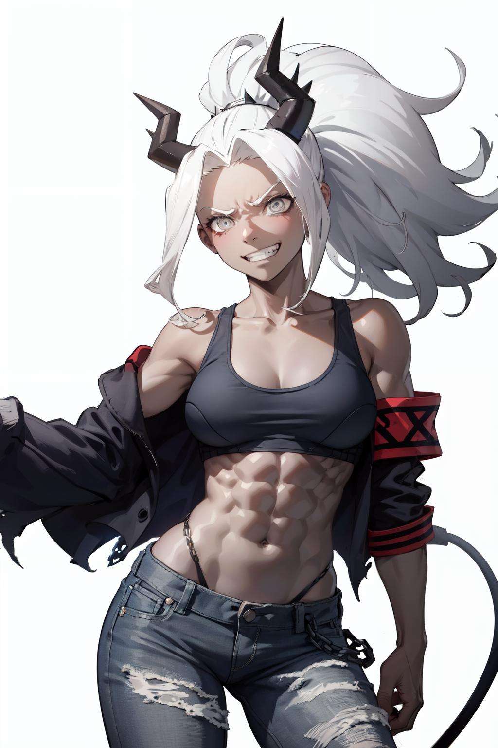 judgement(helltaker), dark skin, dark-skinned female:1.2, 1girl, demon tail, tail, solo, simple background, demon girl,demon horn ,demon girl , tank top , abs , muscular female, white hair , ponytail , long hair, jeans,jacket ,armband, gray eyes, evil grin, chains<lora:judgement:1> 