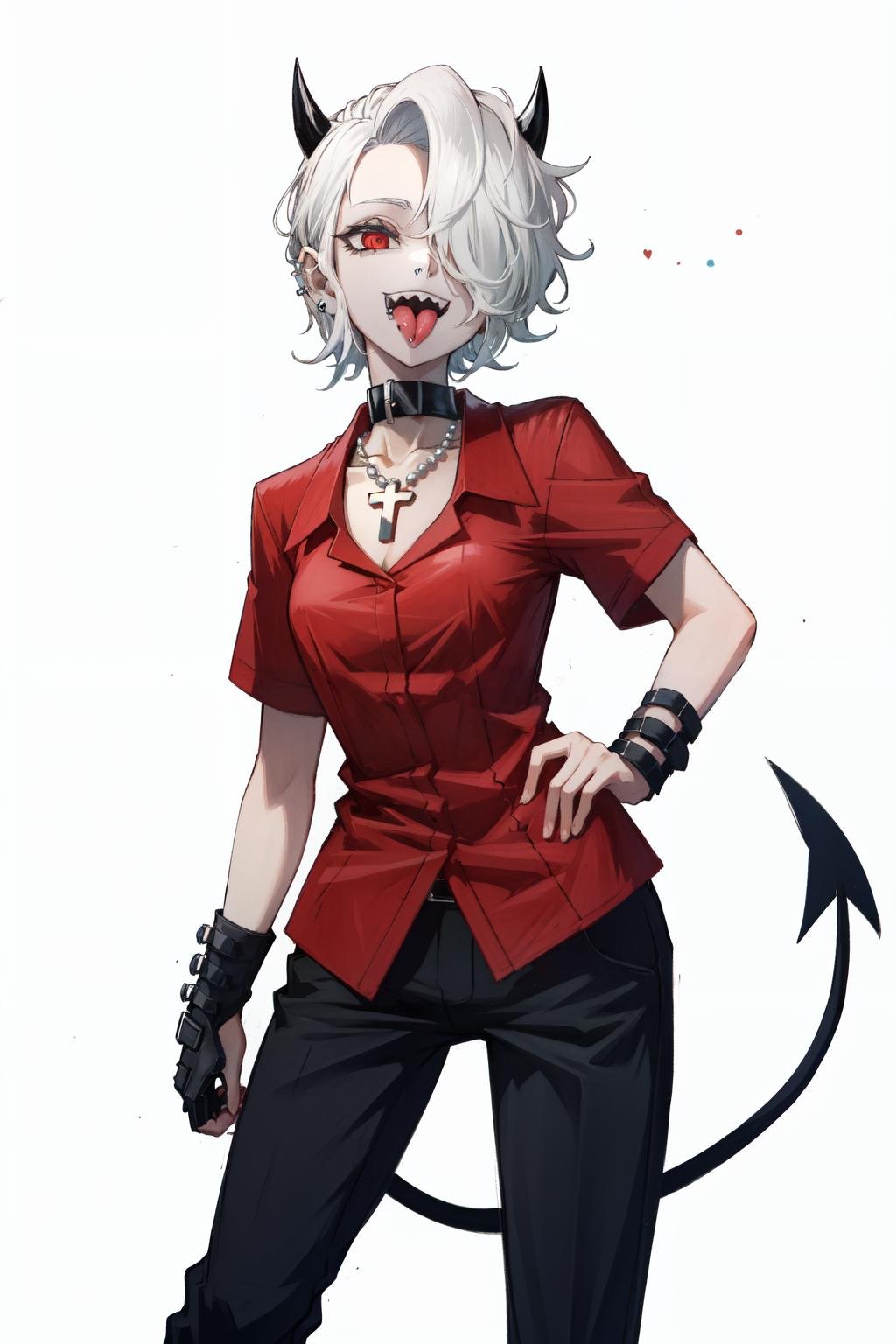 zdrada(helltaker), solo, short hair, demon girl, black horns,  1girl, demon horns, red eyes, white background, ,white hair, demon tail, tail, hair over one eye, horns, ear piercing, simple background , red shirt, collared shirt, cross necklace, cross, choker, black pants, sharp teeth, tongue out, tongue, long tongue, tongue piercing, <lora:zdrada:1>