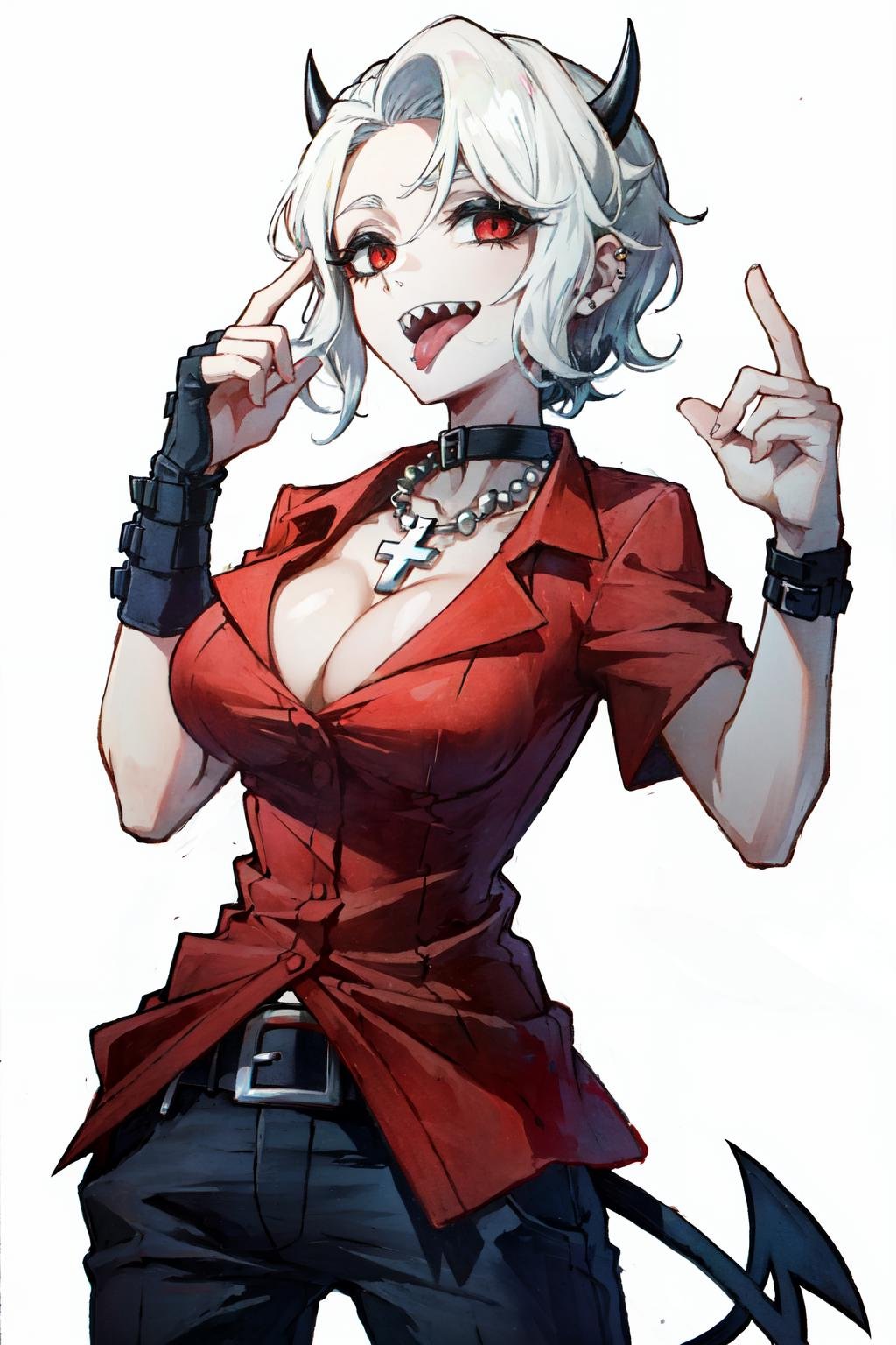 zdrada(helltaker), solo, short hair, demon girl, black horns, cleavage, 1girl, open mouth, jewelry, piercing, gloves, demon horns, red eyes, white background, black pants, tongue piercing, cross, cross necklace, tongue out, sharp teeth, looking at viewer, white hair, tongue, belt, pants, demon tail, shirt, large breasts, fingerless gloves, tail, horns, choker, teeth, necklace, red shirt<lora:zdrada-07:1>