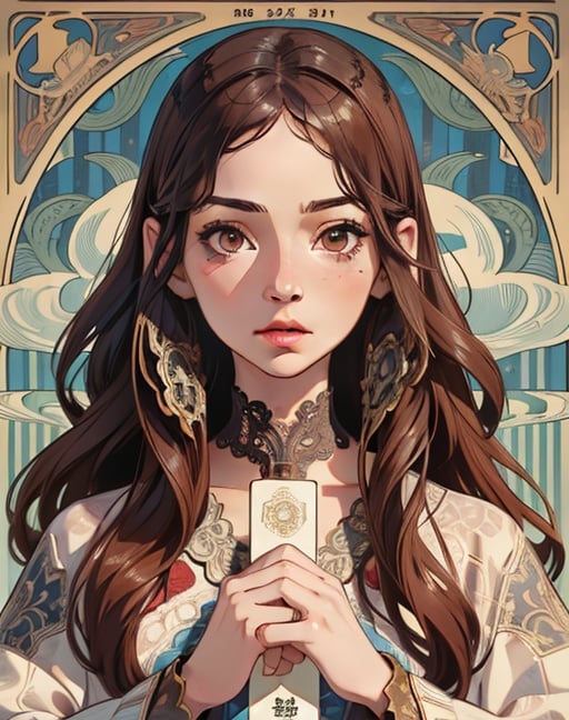 (masterpiece, best quality), 1girl, art nouveau, art cover, upper body, smoke, wavy hair, (((intricate, pattern, )))