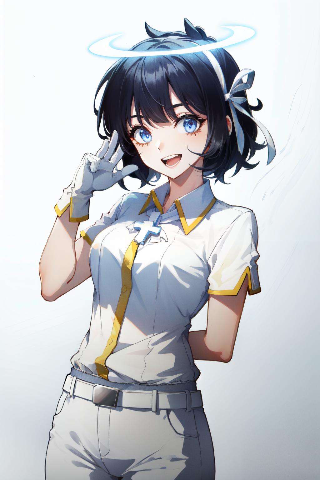 <lora:azazel:1>azazel(helltaker), white pants, 1girl, official style, open mouth, solo, ribbon, white shirt, angel, halo, blue eyes, white ribbon, white gloves, smile, cross, arm behind back, shirt, belt, collared shirt, black hair, short hair, blunt bangs, short sleeves, hair ribbon, looking at viewer, pants, gloves