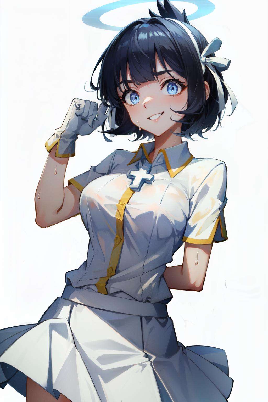 <lora:azazel:1>azazel(helltaker), white pants, 1girl, solo, ribbon, skirt, angel, halo, blue eyes, white skirt, white ribbon, white gloves, smile, nervous smile, cross, arm behind back, sweat, shirt, simple background, white background, collared shirt, black hair, short hair, blunt bangs, short sleeves, large breasts, hair ribbon, white shirt, gloves