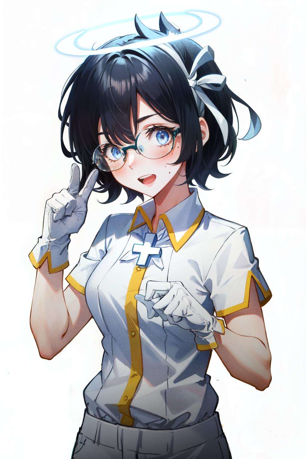 <lora:azazel:1>azazel(helltaker), hands up, 1girl, open mouth, solo, white shirt, bandages, mole, angel, halo, blue eyes, white gloves, white pants, cross, shirt, bandaged arm, single glove,gradient background, collared shirt, black hair, short sleeves, short hair, blush, mole under eye, looking at viewer, pants, full-face blush, gloves ,glasses, 