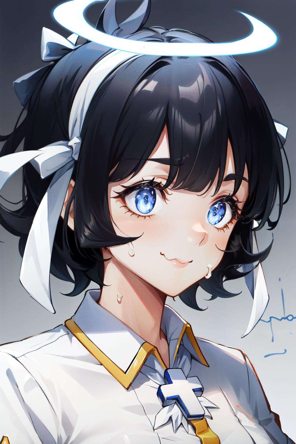 <lora:azazel:1>azazel(helltaker), wavy mouth, hairband, 1girl, solo, ribbon, white shirt, @_@, blood, angel, halo, upper body, blue eyes, signature, white ribbon, smile, nervous smile, cross, sweat, shirt, collared shirt, black hair, short hair, blunt bangs, hair ribbon, sweatdrop, !?