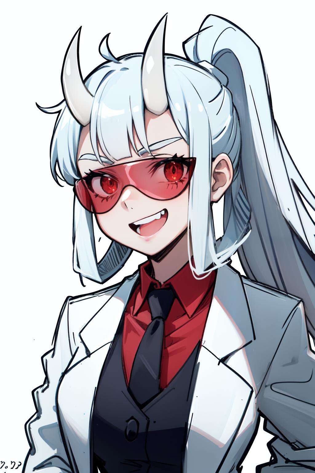 <lora:loremaster-10:1> loremaster(helltaker), formal, white hair, sidelocks, long hair, simple background, red-tinted eyewear, tinted eyewear, white background, black necktie, red shirt, necktie, looking at viewer, upper body, red eyes, horns, demon girl, goggles, smile, teeth, coat, white coat, open mouth, shirt, 1girl, suit, collared shirt, sketch, labcoat, solo, ponytail, open clothes, grin, dated, signature, jacket