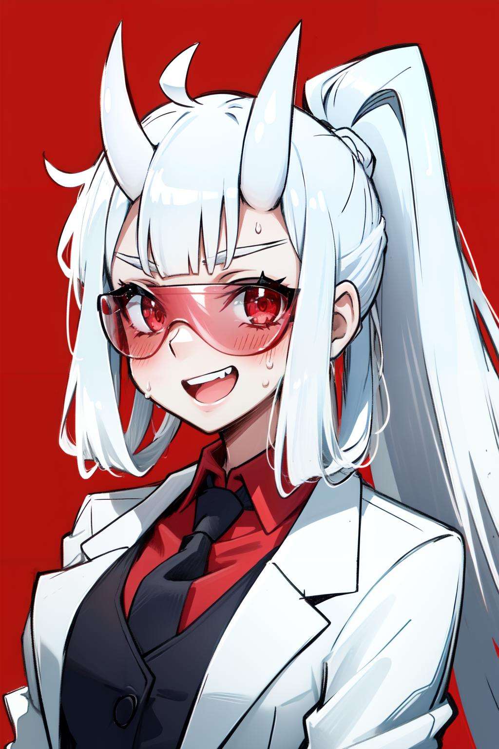 <lora:loremaster-10:1>loremaster(helltaker), formal, vest, mechanical arms, sweat, white hair, long hair, simple background, red-tinted eyewear, tinted eyewear, blush, black necktie, red shirt, necktie, looking at viewer, upper body, red eyes, horns, demon girl, goggles, smile, teeth, coat, prosthesis, demon horns, open mouth, shirt, 1girl, suit, collared shirt, red background, labcoat, solo, ponytail