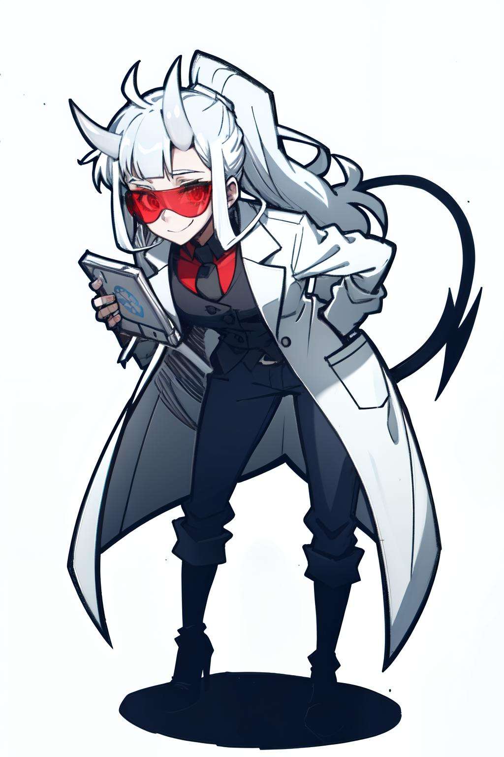 <lora:loremaster-10:1>loremaster(helltaker), black footwear, knee boots, standing, black pants, full body, white hair, long sleeves, long hair, simple background, demon tail, tinted eyewear, white background, black necktie, red shirt, necktie, looking at viewer, closed mouth,  red eyes, horns, white horns, demon girl, goggles, smile, holding, coat, demon horns, white coat, leaning forward, pants, shirt, 1girl, collared shirt, labcoat, solo, ponytail, open clothes, tail, open coat, boots