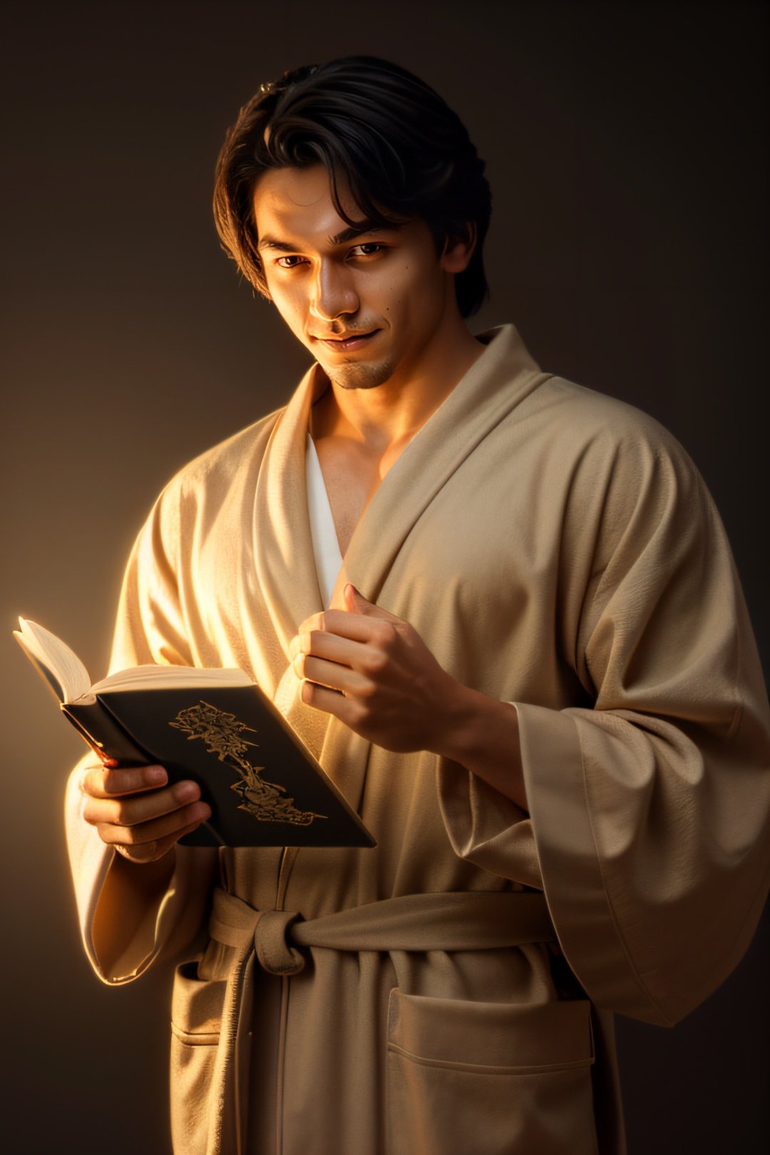 photogenic man holding a magical book| magical glowing trails| light dust| fantasy robes| highly detailed fantasy art| cinematic lighting| sharp focus| unreal| render| 4k, <lora:jefri:0.8>